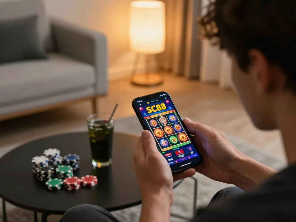 SC88 player engaged in winning slot game on mobile app in cozy setting