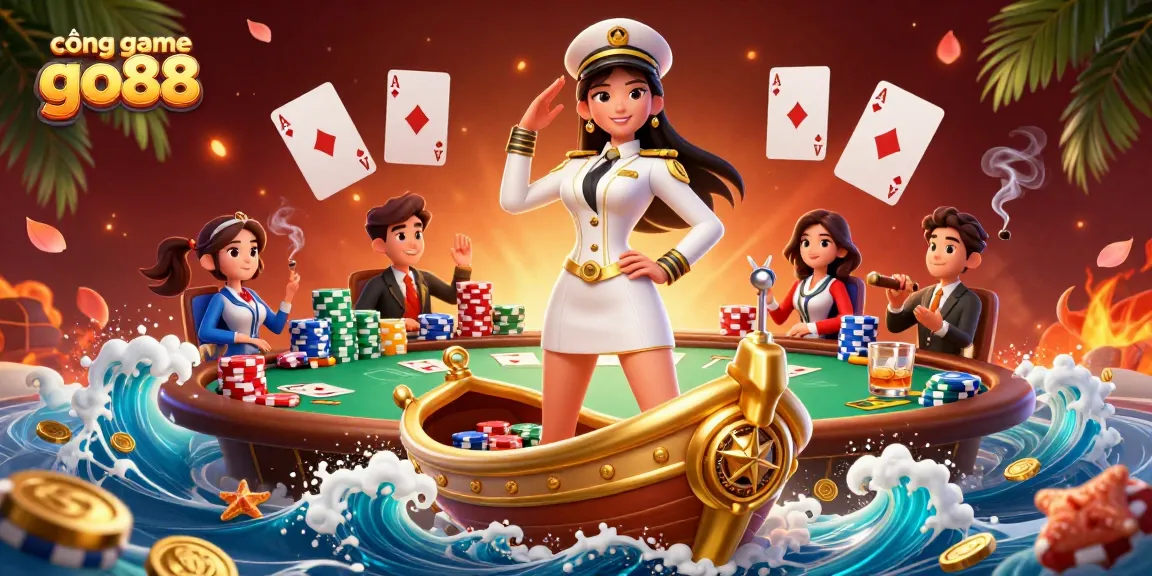 Engage with cổng game go88 in a rich 3D animated casino scene featuring poker elements and a commanding naval officer.