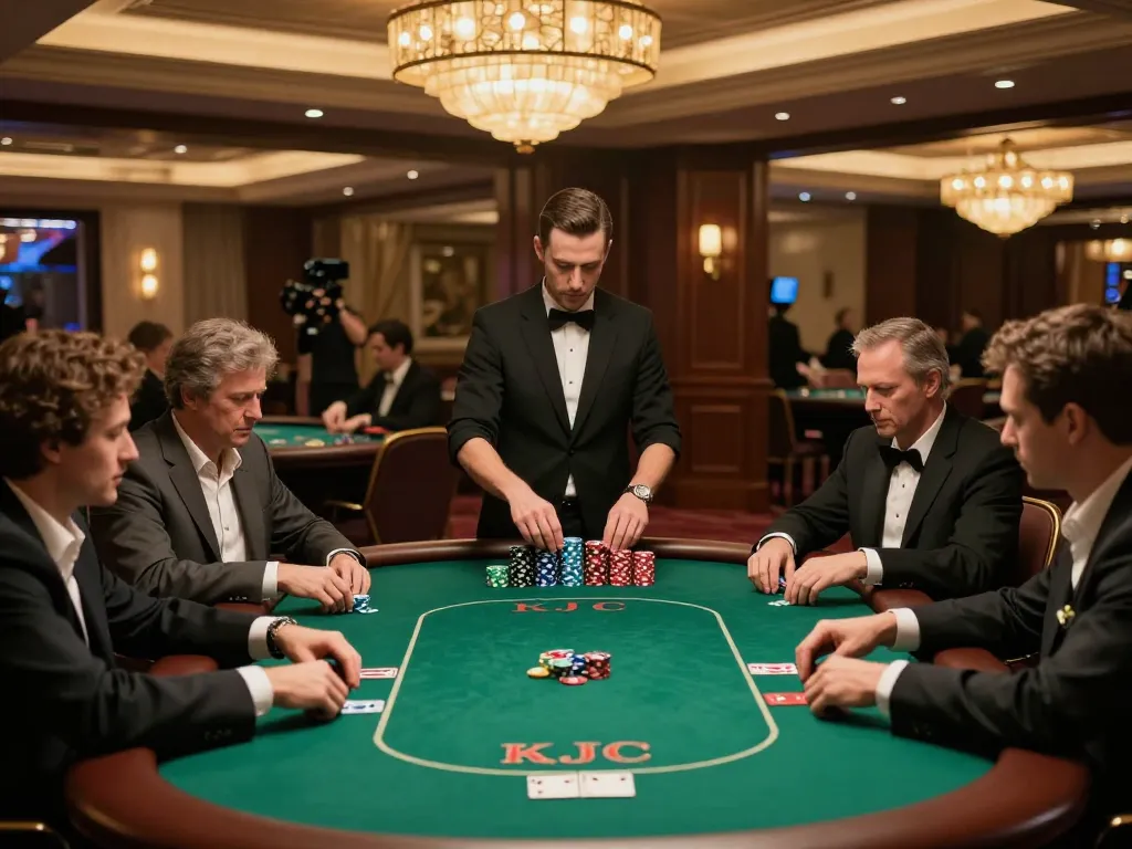 KJC players participating in an intense poker game in a luxurious casino environment
