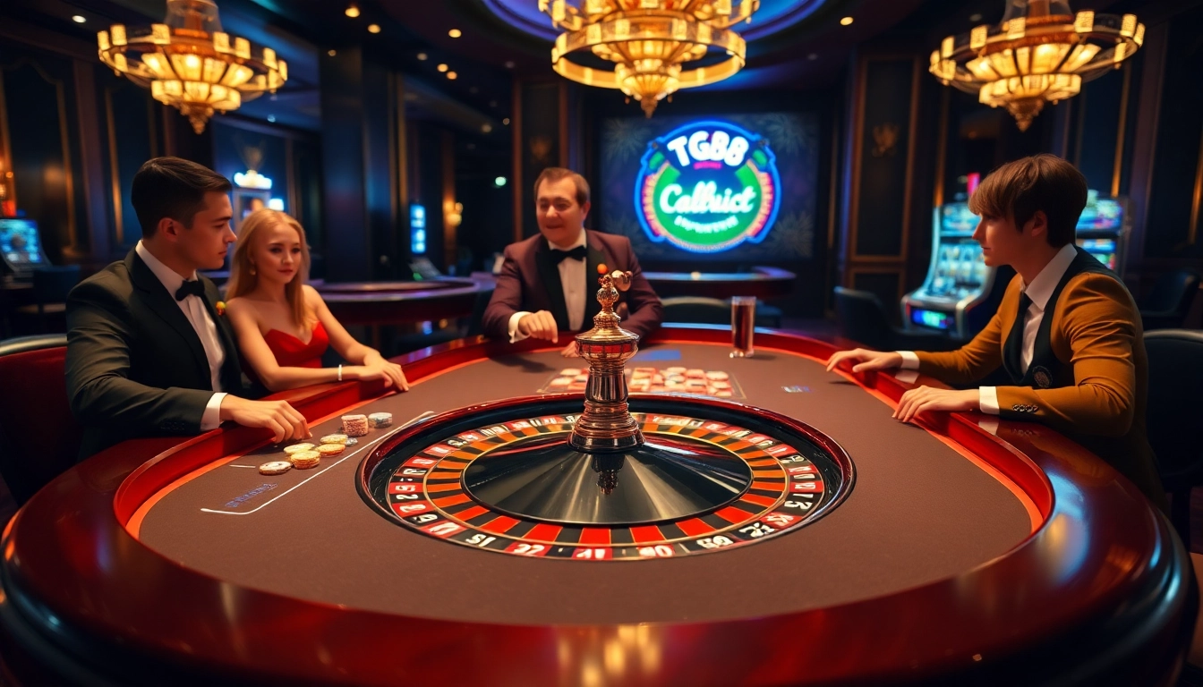 Betting at a glamorous roulette table in a TG88 casino, featuring colorful chips and a dealer.