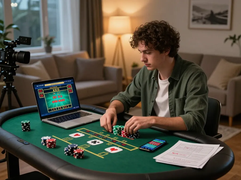 Engaging online gamer at home utilizing Go 88 strategy notes during live table game.
