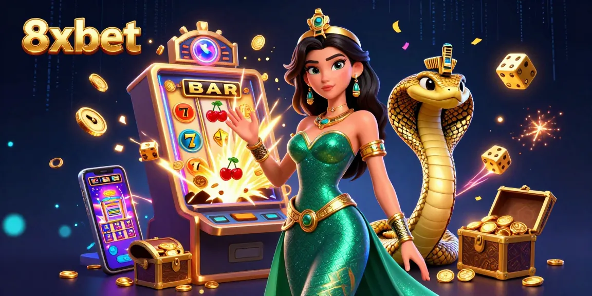 Experience thrilling gaming adventures with 8xbet, featuring a stunning 3D woman in an emerald gown and golden cobra amidst vibrant casino elements.