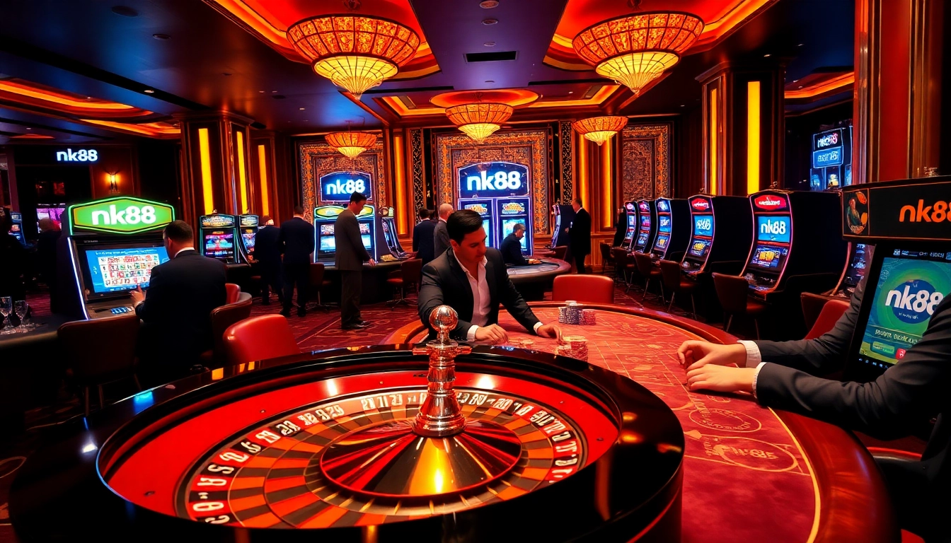 Experience thrilling gaming action at nk88 with poker chips and roulette wheels.