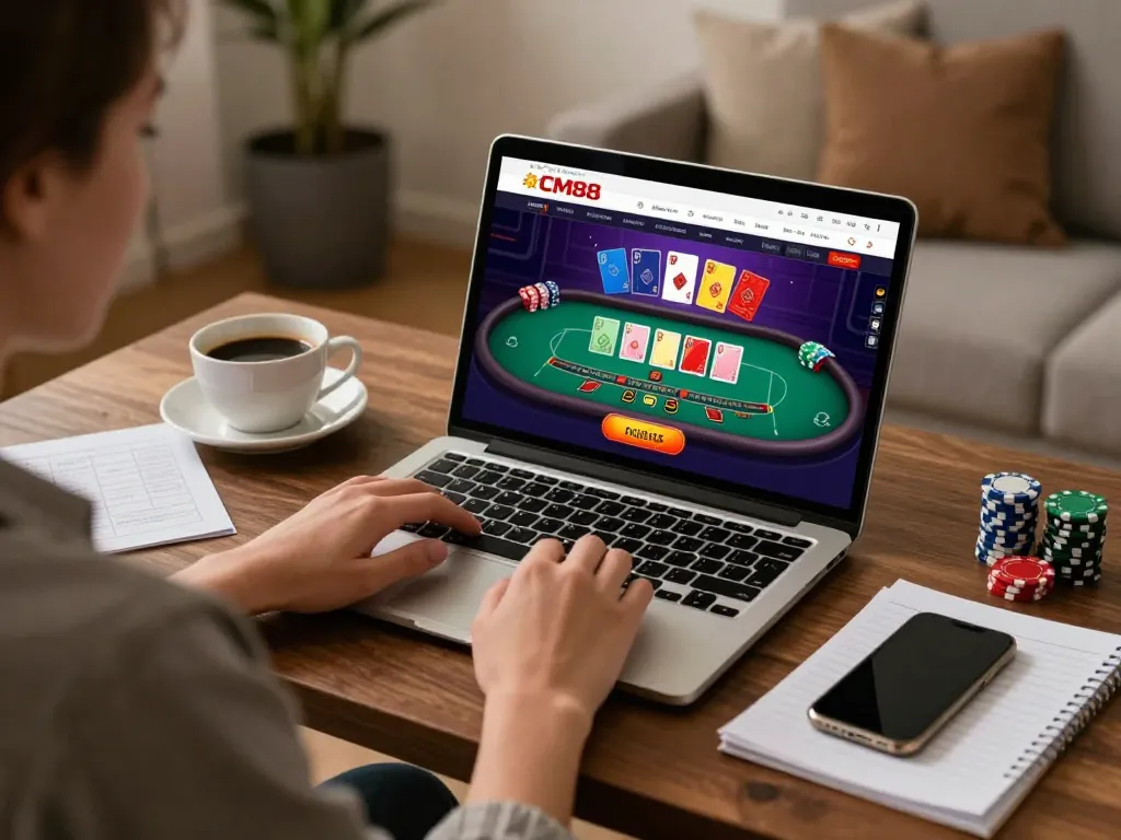Engaging gaming session on CM88's platform, showcasing vibrant blackjack gameplay with chips and cards.
