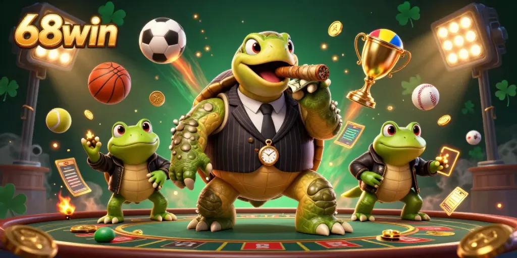 Experience thrilling gaming with 68win's animated atmosphere featuring the turtle and frog enforcers.