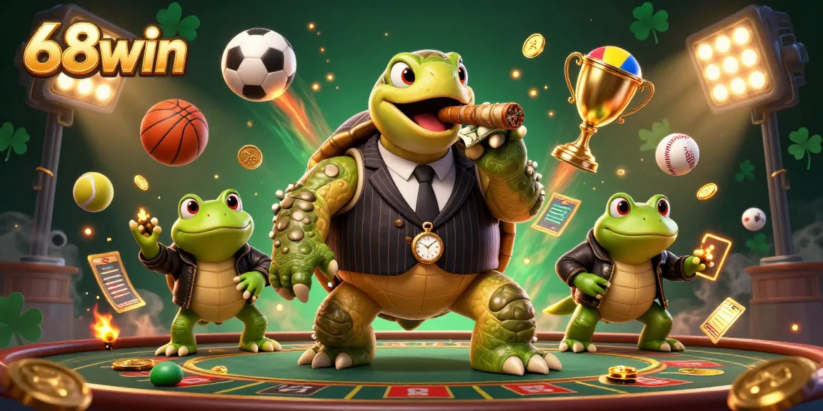 Experience thrilling gaming with 68win's animated atmosphere featuring the turtle and frog enforcers.