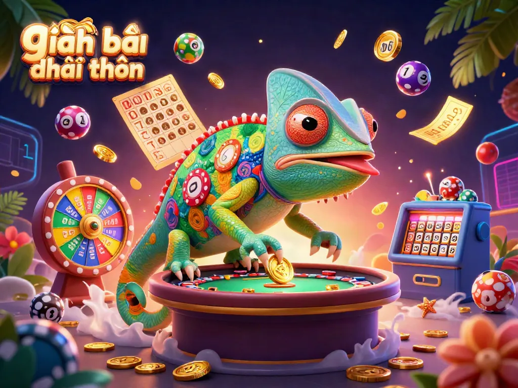Discover the colorful world of game đánh bài đổi thưởng with a vibrant chameleon casino owner.