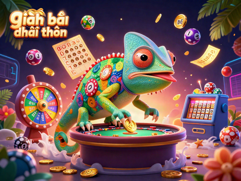 Discover the colorful world of game đánh bài đổi thưởng with a vibrant chameleon casino owner.