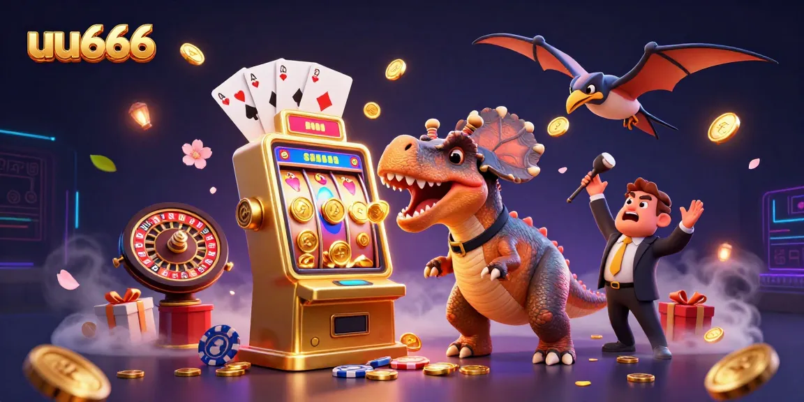 uu666 slot machine jackpot scene with dynamic casino characters and golden coins flying