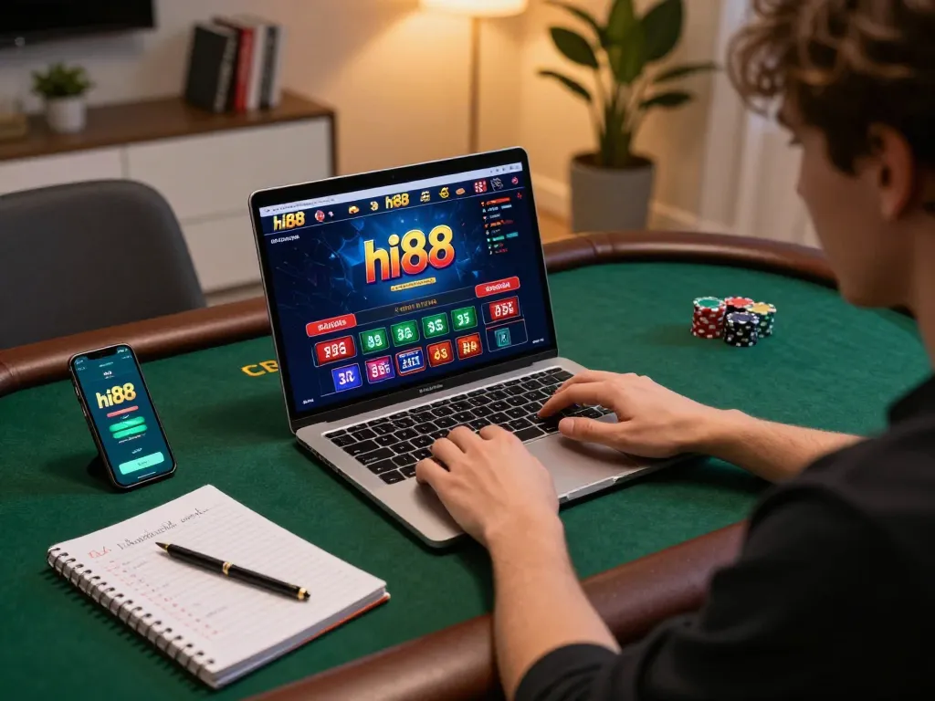 Experience high-stakes gambling with hi88 on a laptop, showcasing strategic gameplay in a cozy setup.