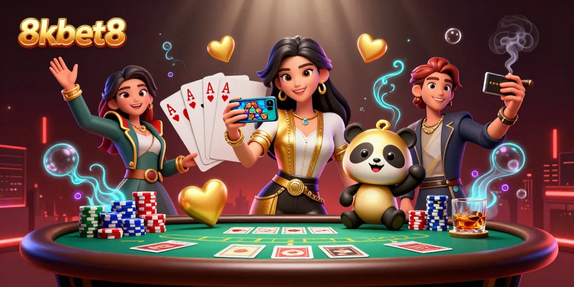 Experience exciting casino gaming with 8kbet8 featuring a dynamic illustration of a woman and panda mascot.