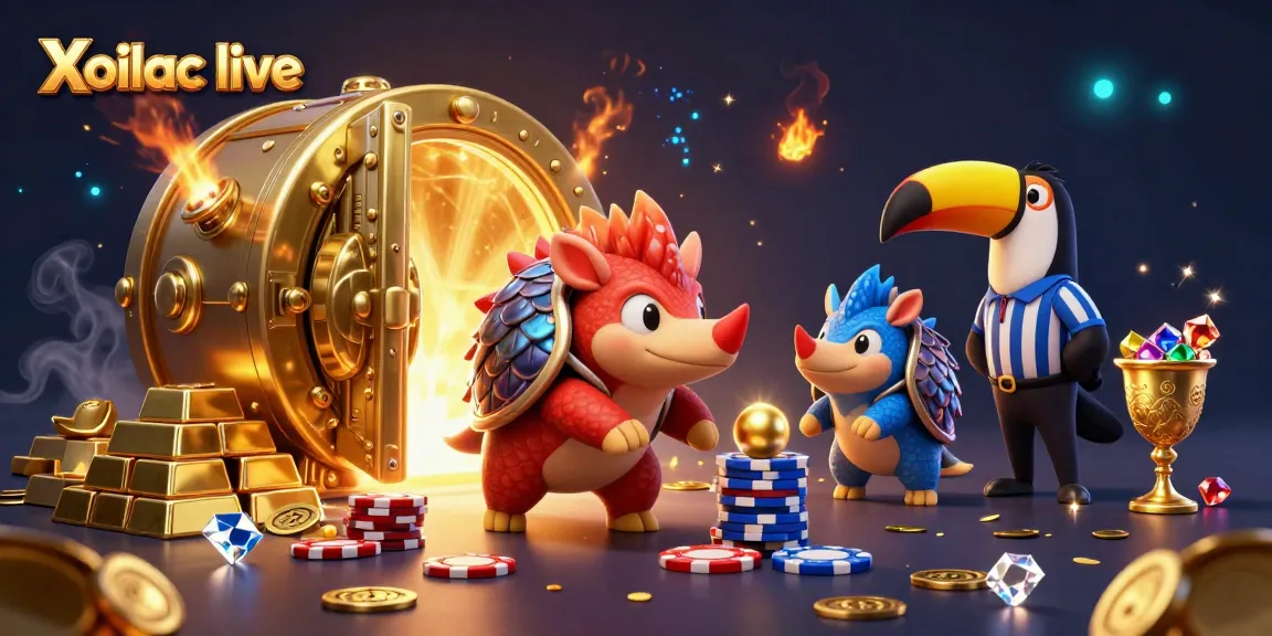 Xoilac live pangolins bowling through poker chips in a vibrant 3D illustration.