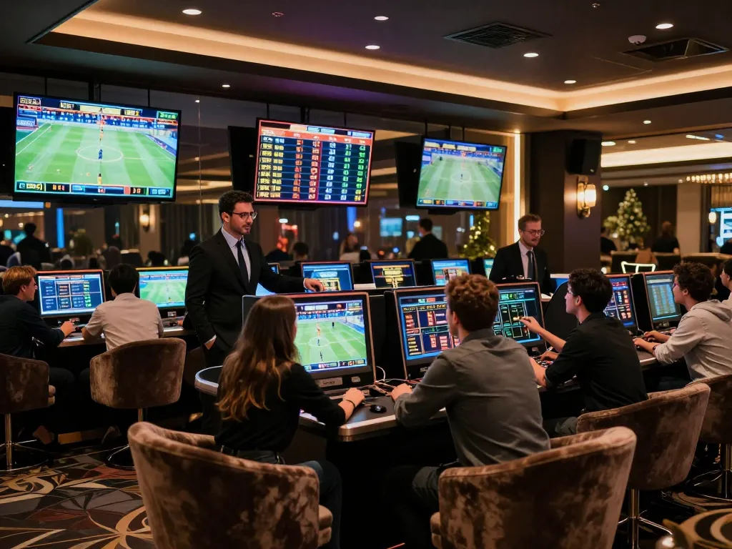 Betting excitement at 7mz sports venue with dynamic screens and engaged players