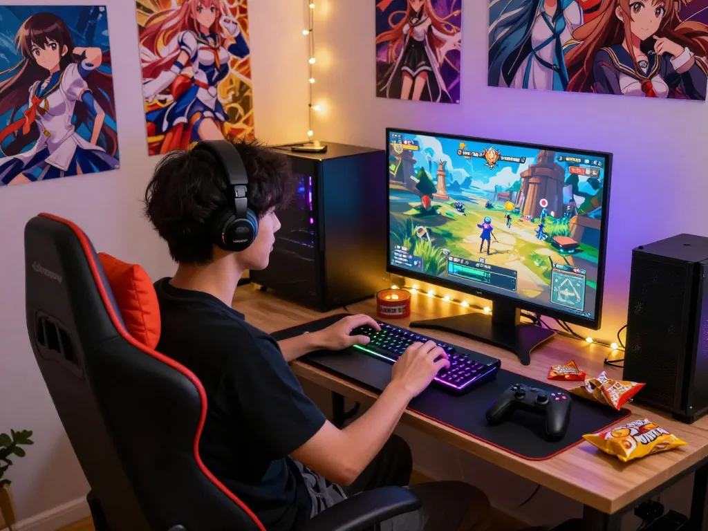 A gamer immersed in a hentai game in a cozy bedroom, with anime posters and gaming gear around.