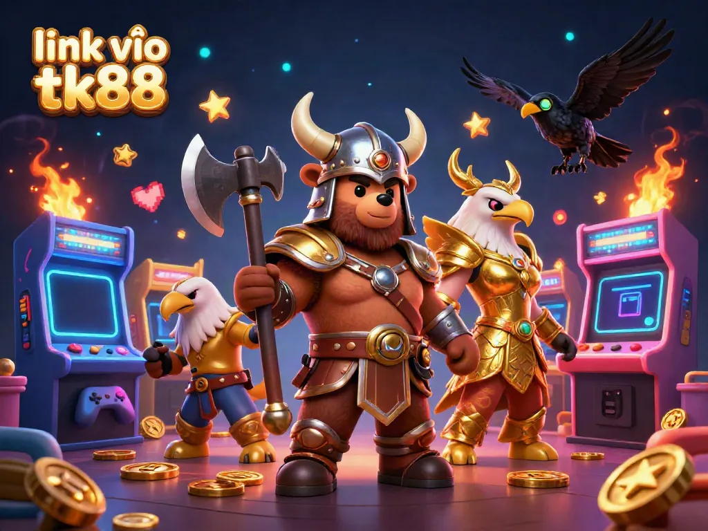 Experience gaming thrills with a vibrant 3D illustration showcasing link vào tk88 and dynamic characters.