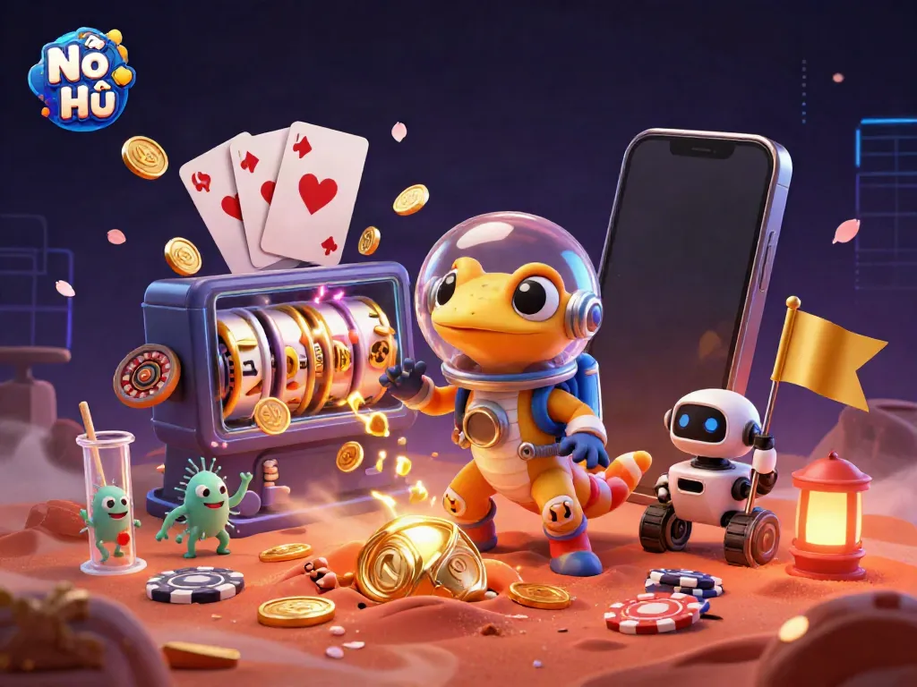 Nổ Hũ showcases excitement in a vibrant Martian casino scene with spinning slots and gold coins.