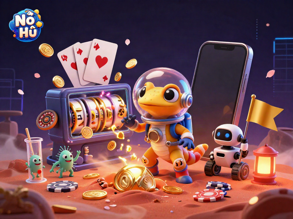 Nổ Hũ showcases excitement in a vibrant Martian casino scene with spinning slots and gold coins.