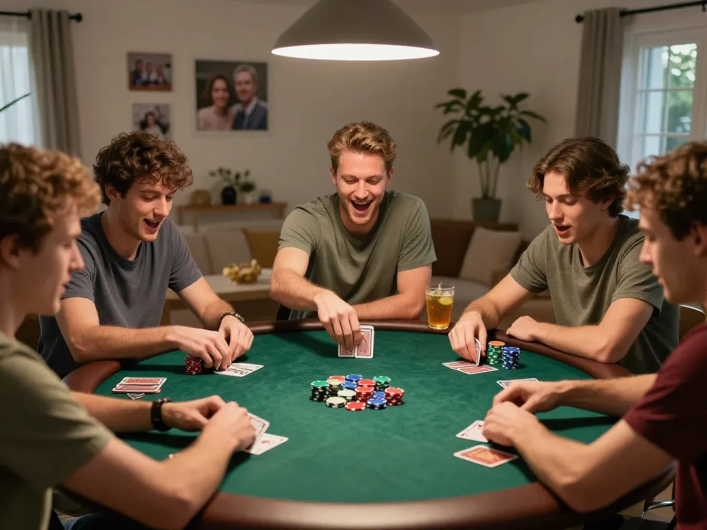 Friends enjoying a lively poker game in a cozy home setting, showcasing kjc kjc social gambling atmosphere with colorful chips and cards.