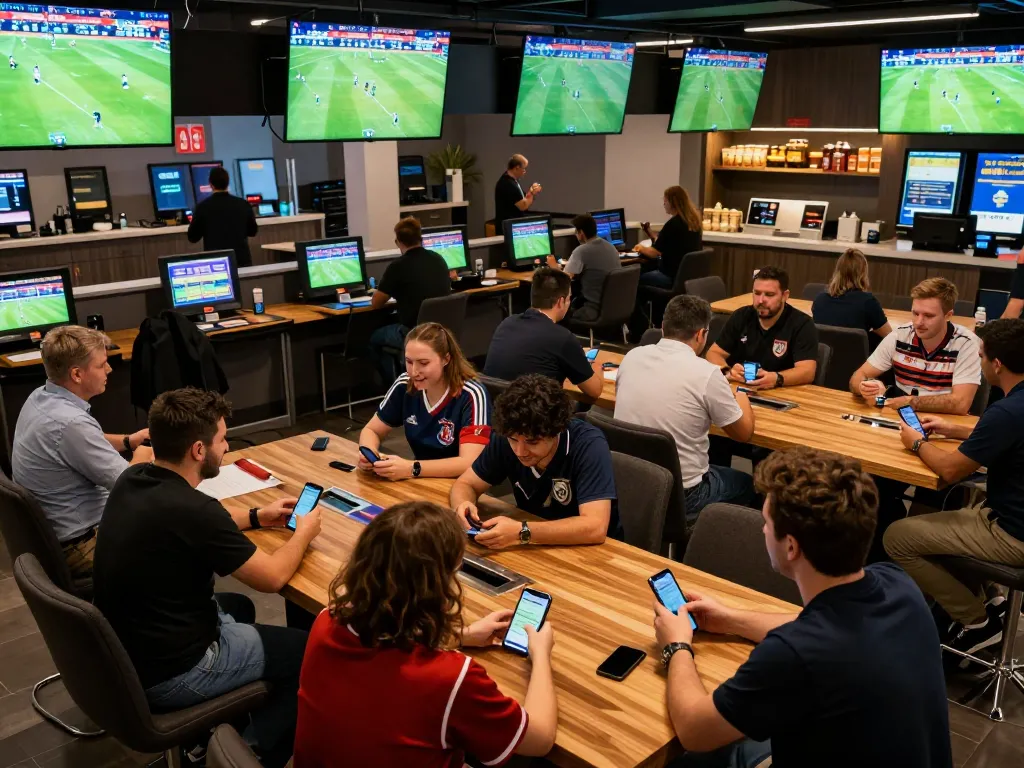 Nowgoal sports betting scene showcasing enthusiasts placing bets on live matches