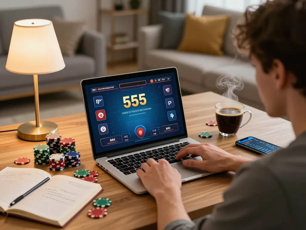 Player strategizing in online poker session with bl 555 interface at home, enhancing tactics.