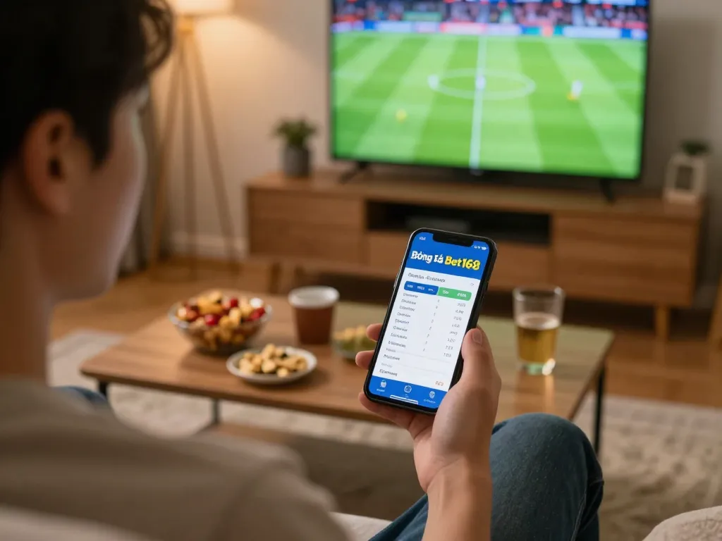 Bóng đá Bet168 app displayed on smartphone during an intense sports betting session at home.