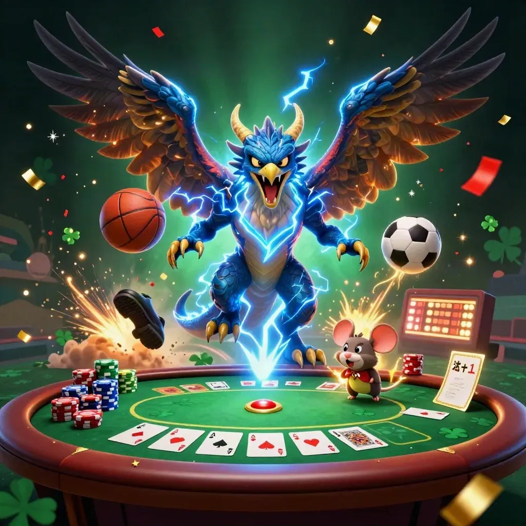 Thunder dragon, wind hawk, and static mouse amid chips, balls, sparks, and casino lights.