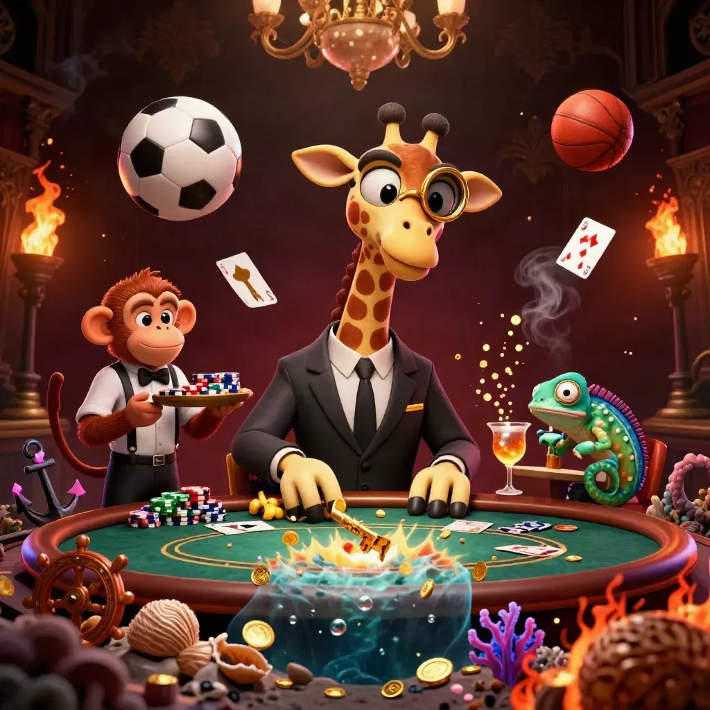Giraffe, monkey, and chameleon amid flying sports gear, coins, and fire-lit treasure cove