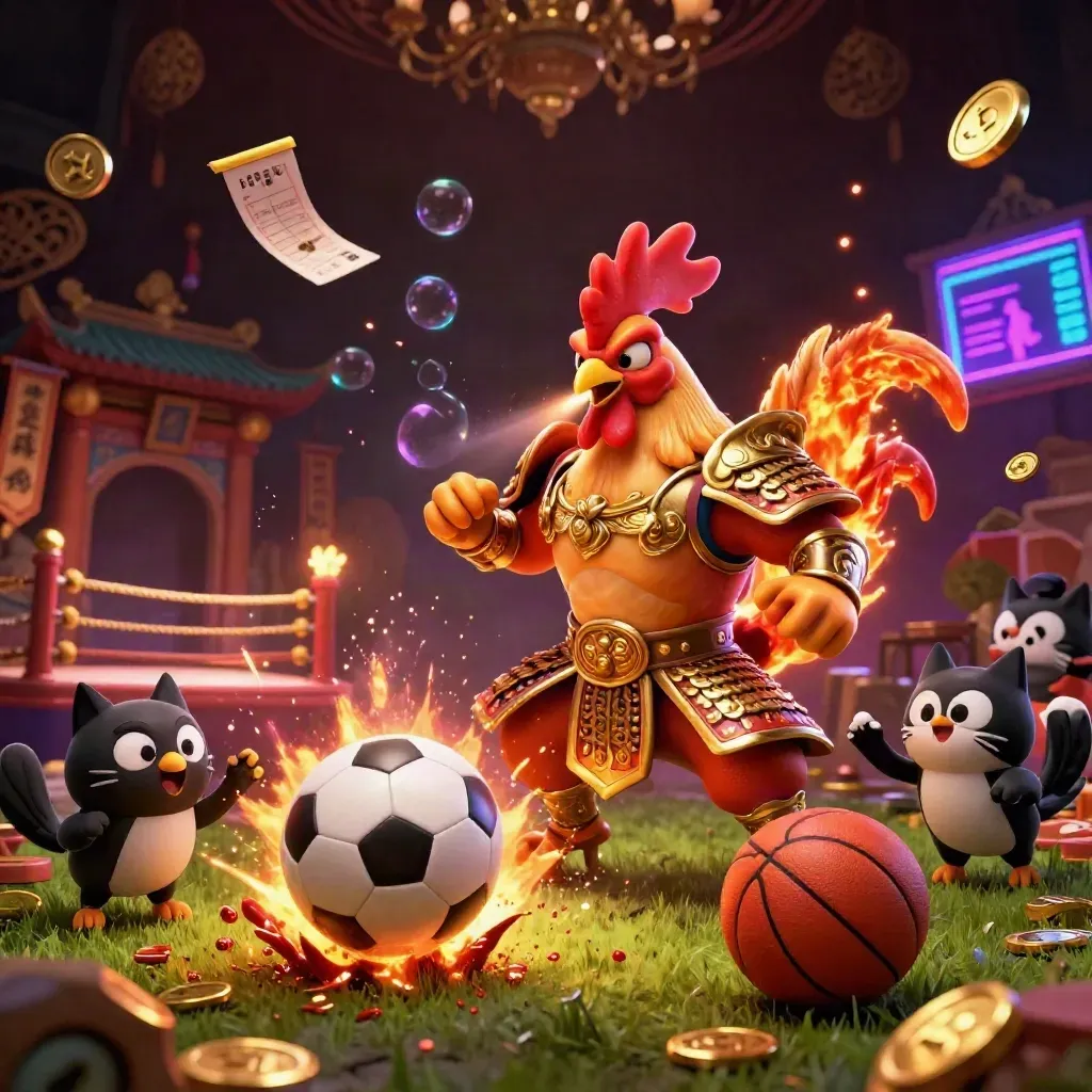 Rooster warrior, dragon hatchling, and fortune cat amid exploding soccer and basketball casino fire.