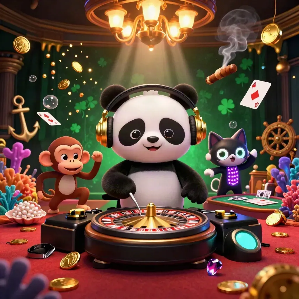 DJ panda, monkey, and glow-stick kitten in a luxe emerald casino treasure cove.