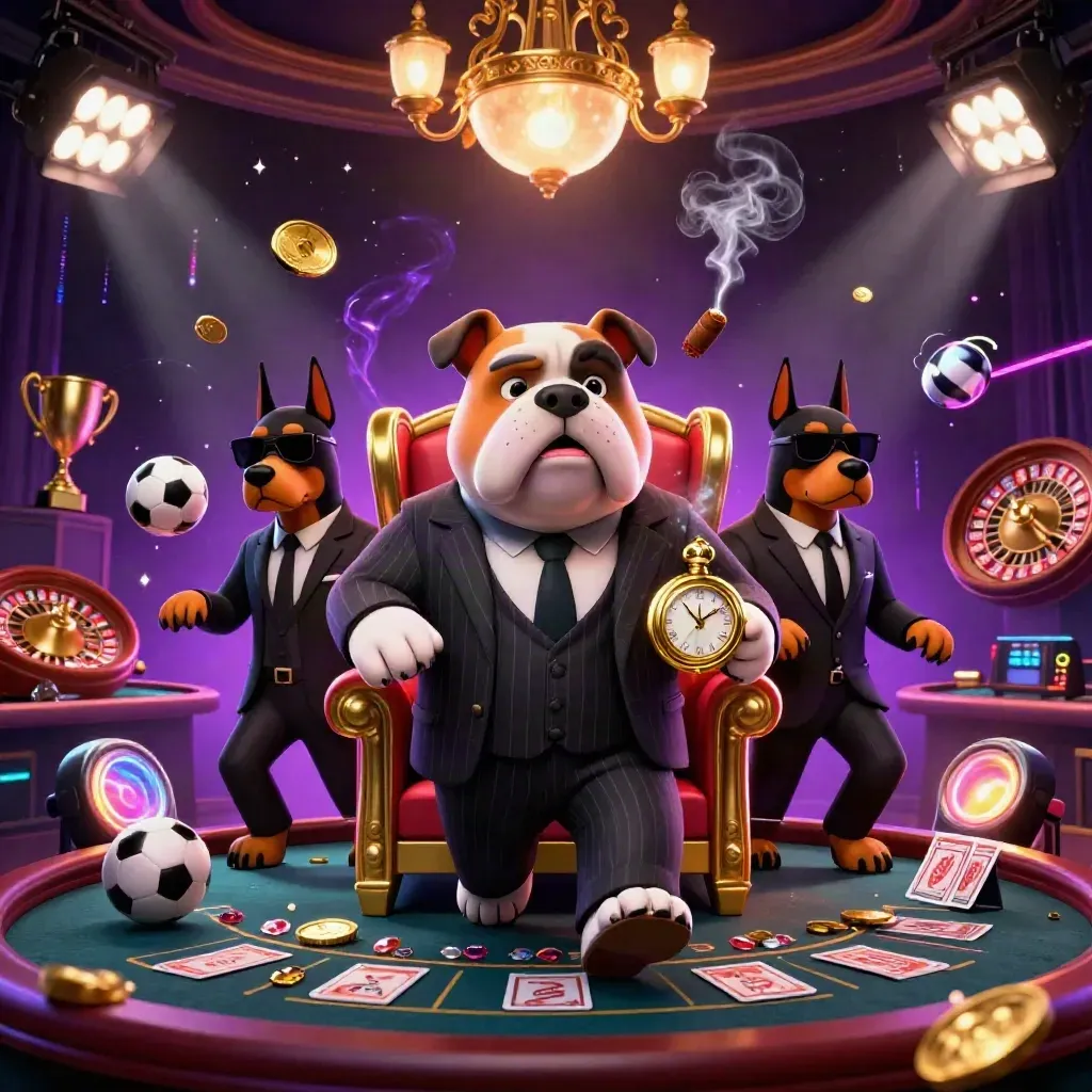 Bulldog boss and Dobermans in a fiery casino room with roulette, cards, trophy, and glowing effects