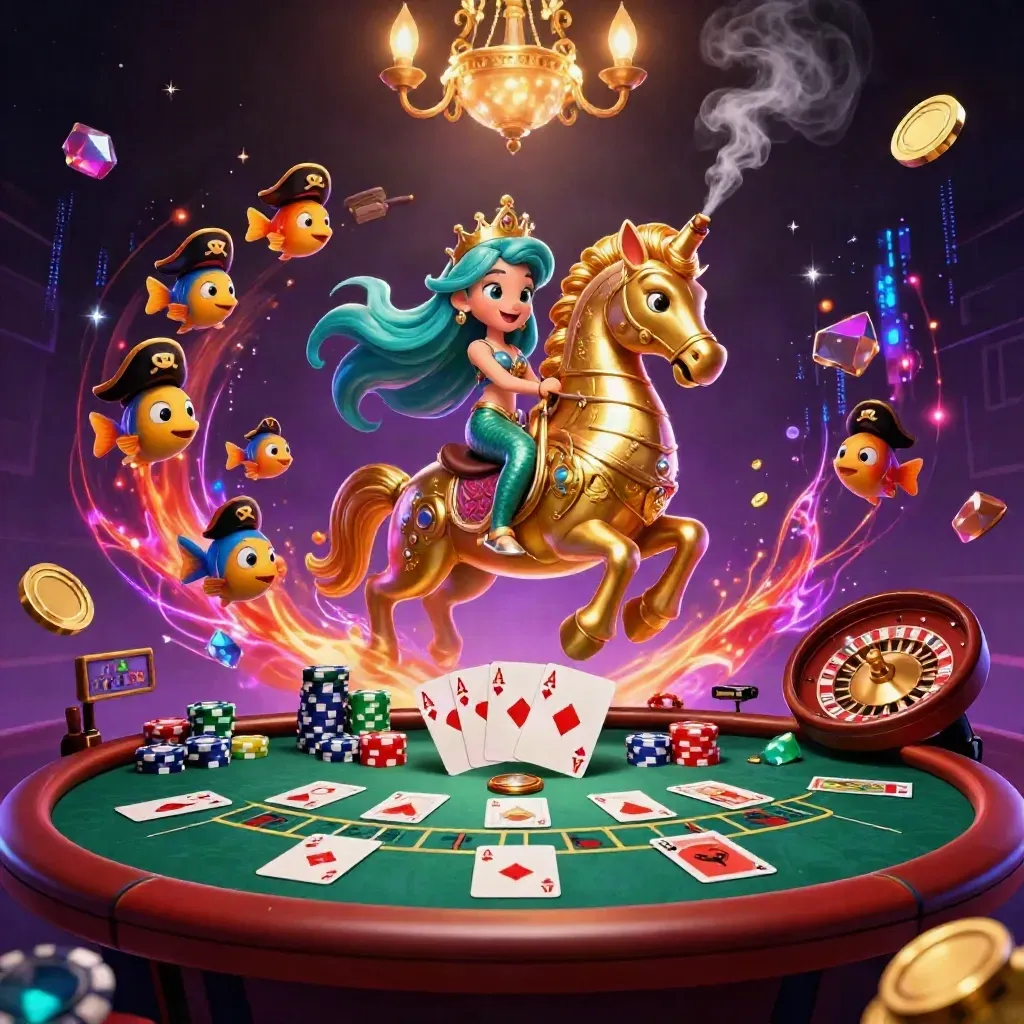 Mermaid princess rides armored seahorse amid casino chaos, cards, chips, roulette, purple starfield.