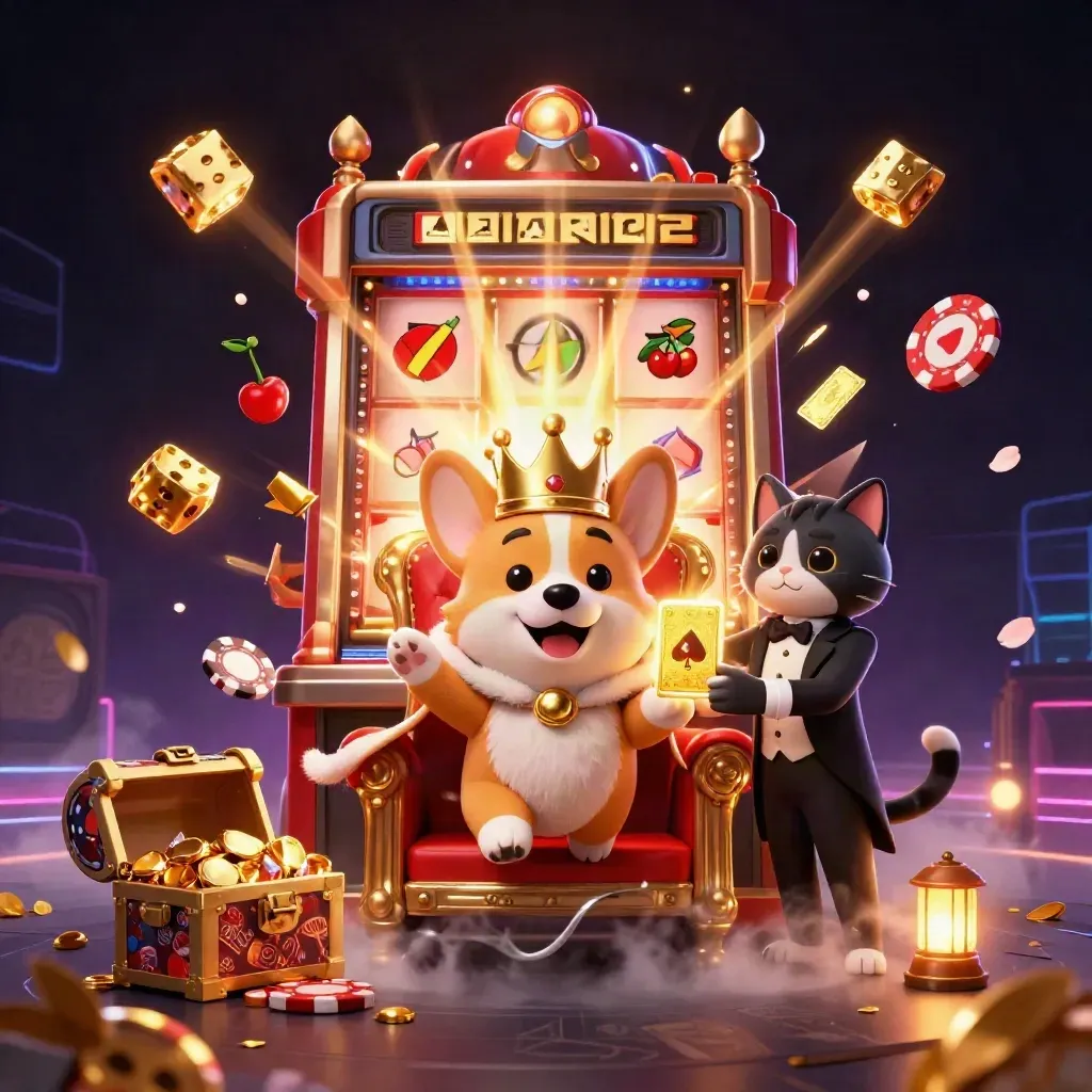 Royal corgi and cat butler amid exploding jackpot gold, dice, petals, and a glowing slot machine.