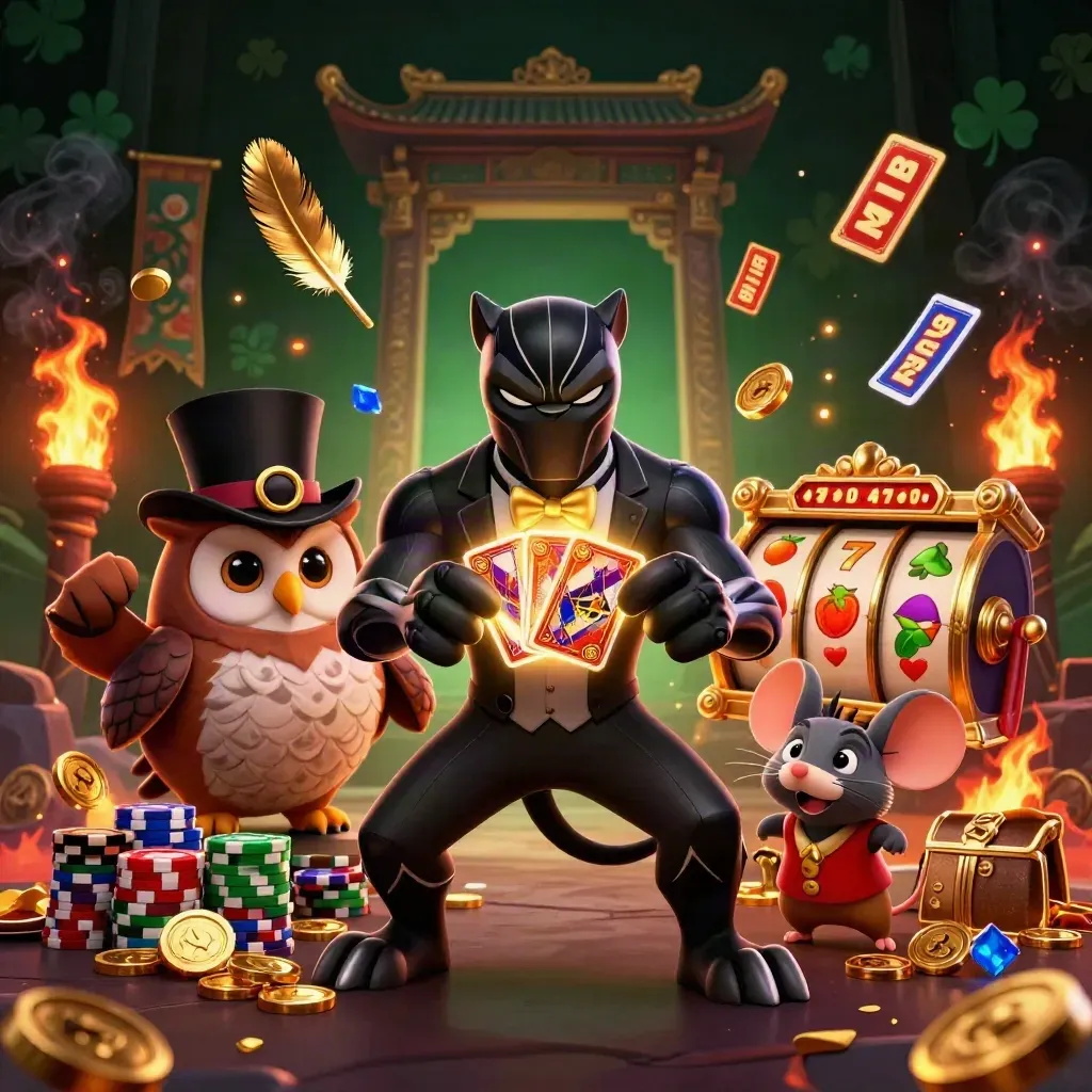 Black panther, owl, and mouse amid casino fire, gold, chips, and temple ruins