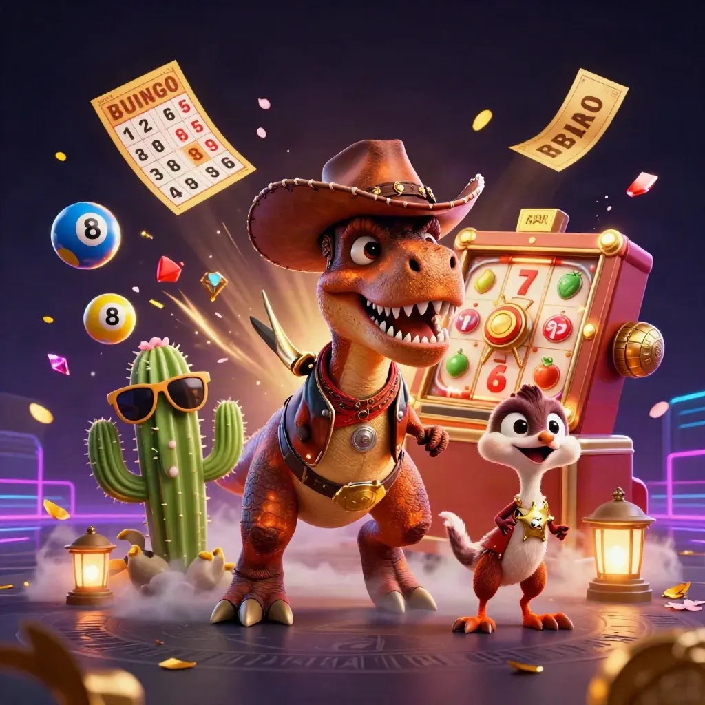 Cowboy T-Rex, cactus, and roadrunner explode amid casino loot in fiery neon key art.