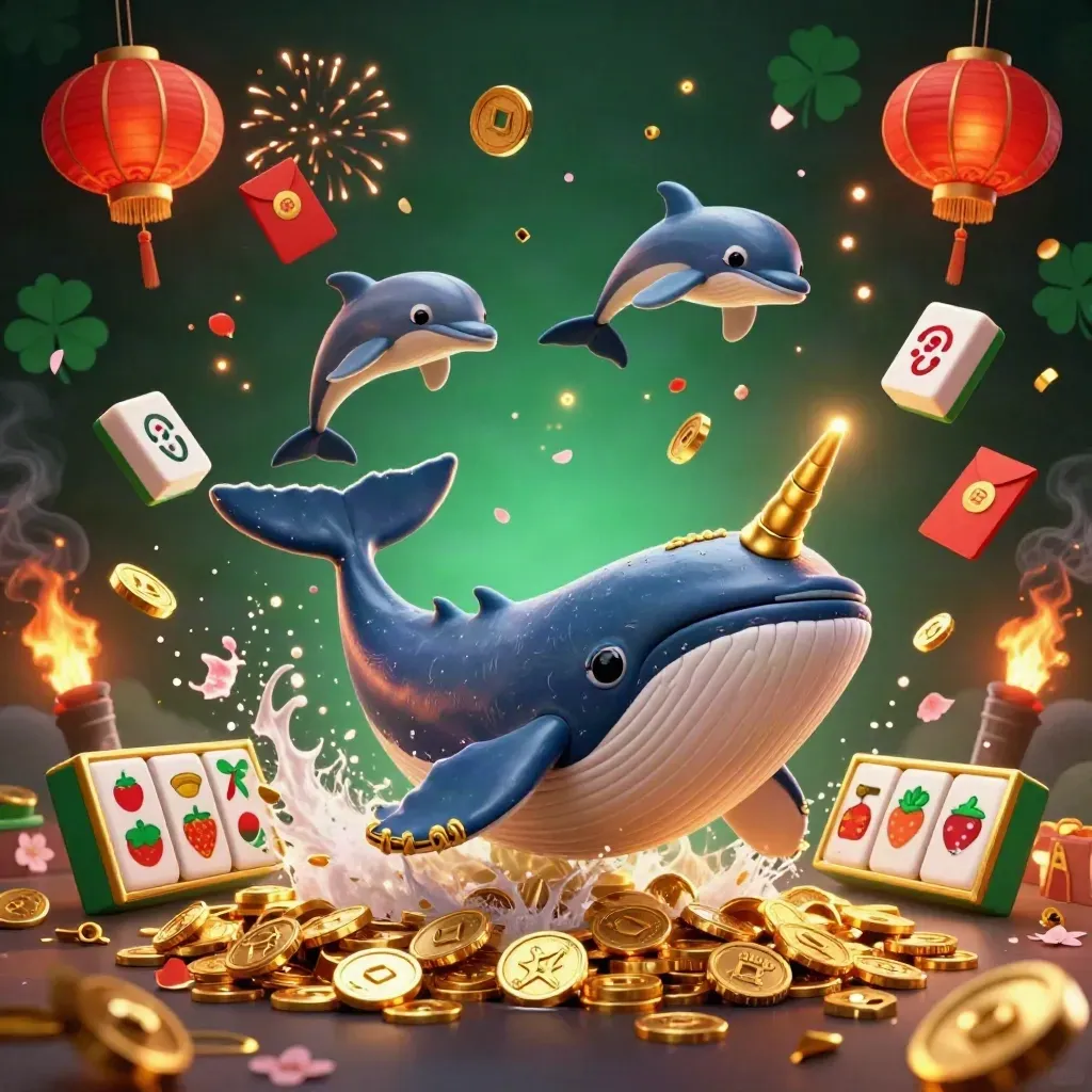 Whale captain, narwhal, and dolphins burst through coins amid fiery casino effects.
