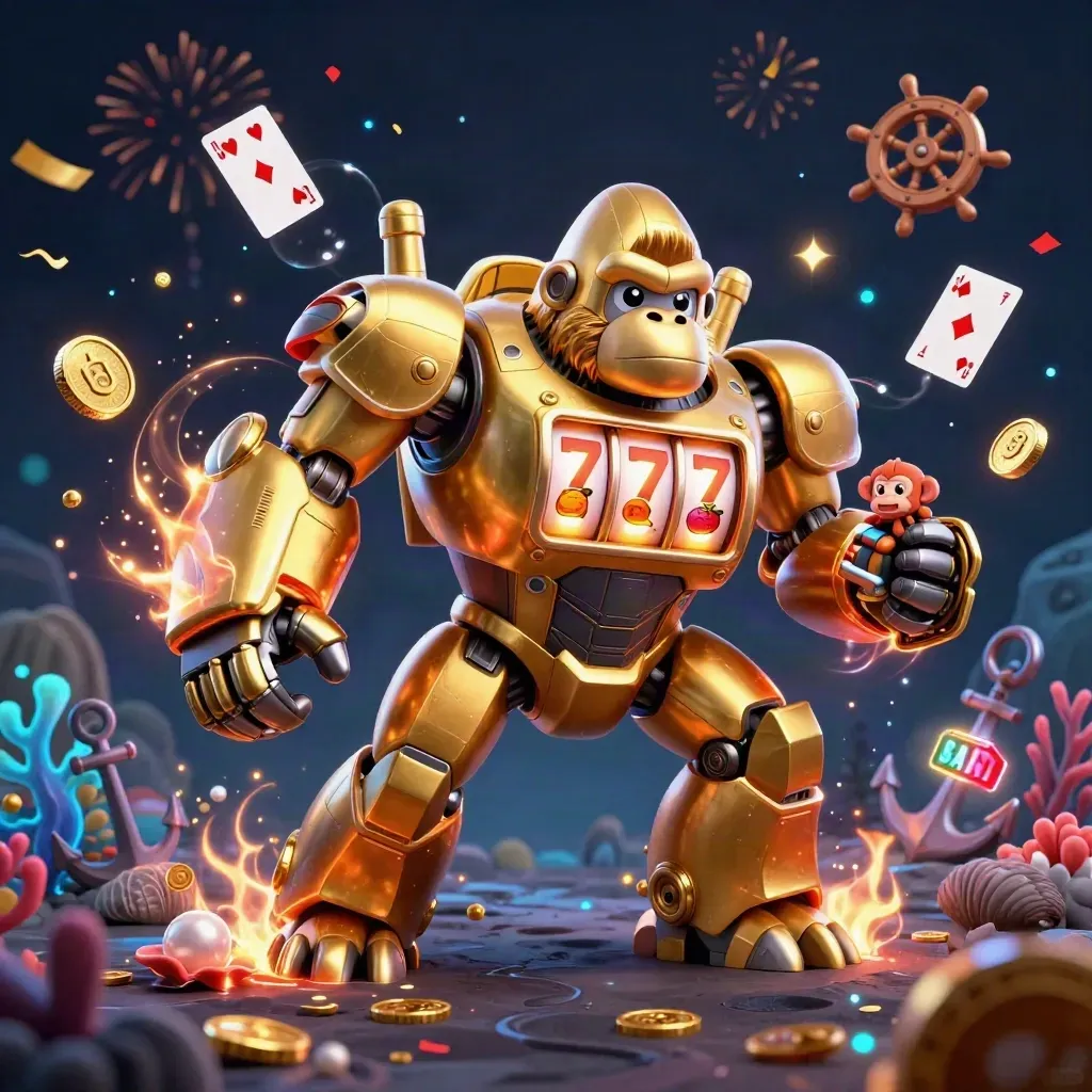 Golden gorilla mech and tiny monkey pilot burst through an underwater treasure cove of coins and gems.