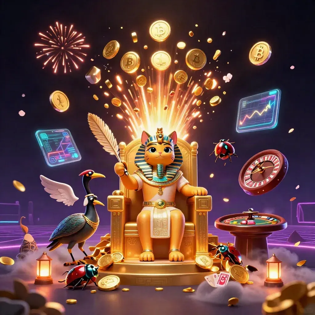Pharaoh cat, ibis scribe, and scarabs amid exploding coins, fireworks, and casino symbols