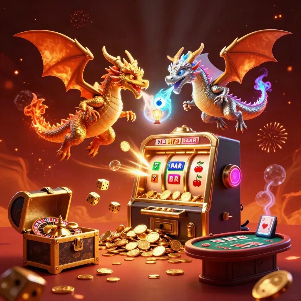 Gold and silver dragons swirl around a bursting slot machine with coins, cards, and firelight.