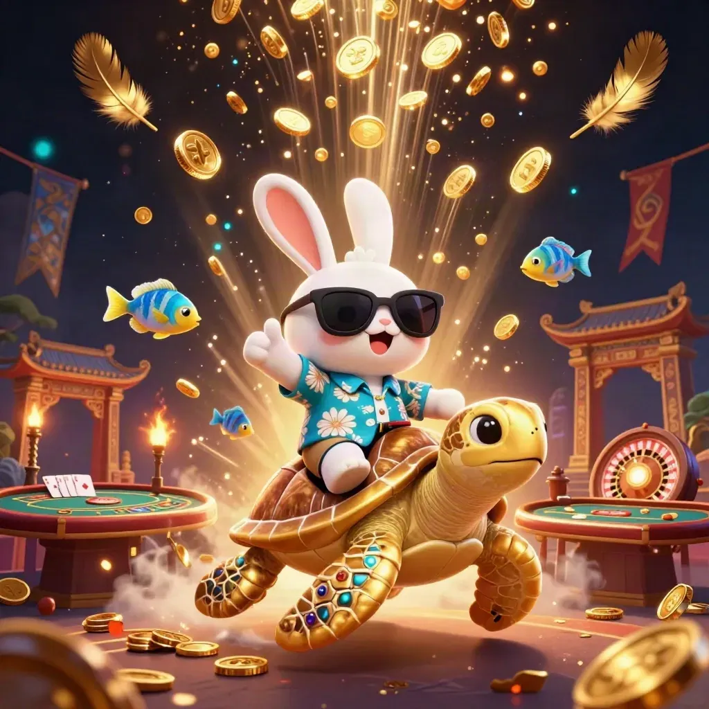 Lucky rabbit on a golden sea turtle amid coins, fireworks, roulette, cards, and a glowing temple gate.