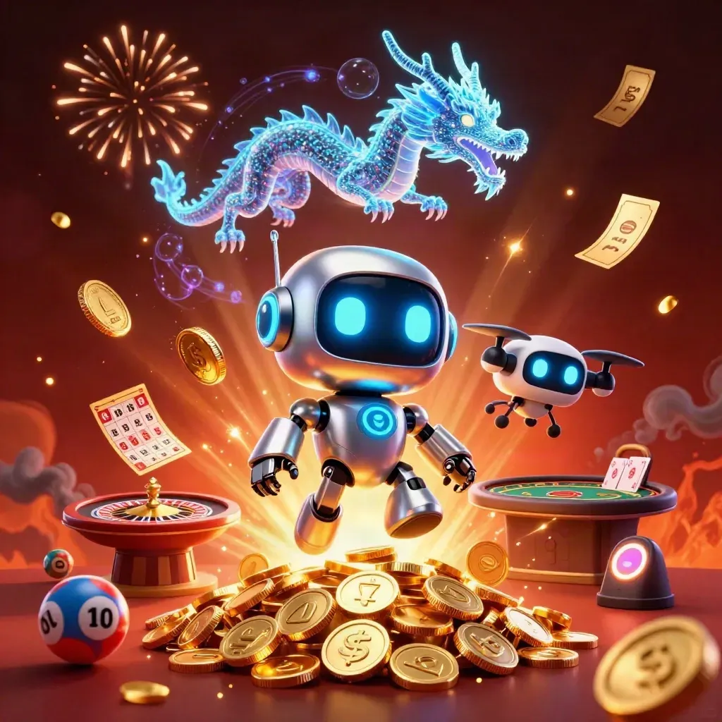Cyberpunk robot, hologram dragon and coin drone in a treasure blast with casino props and fireworks