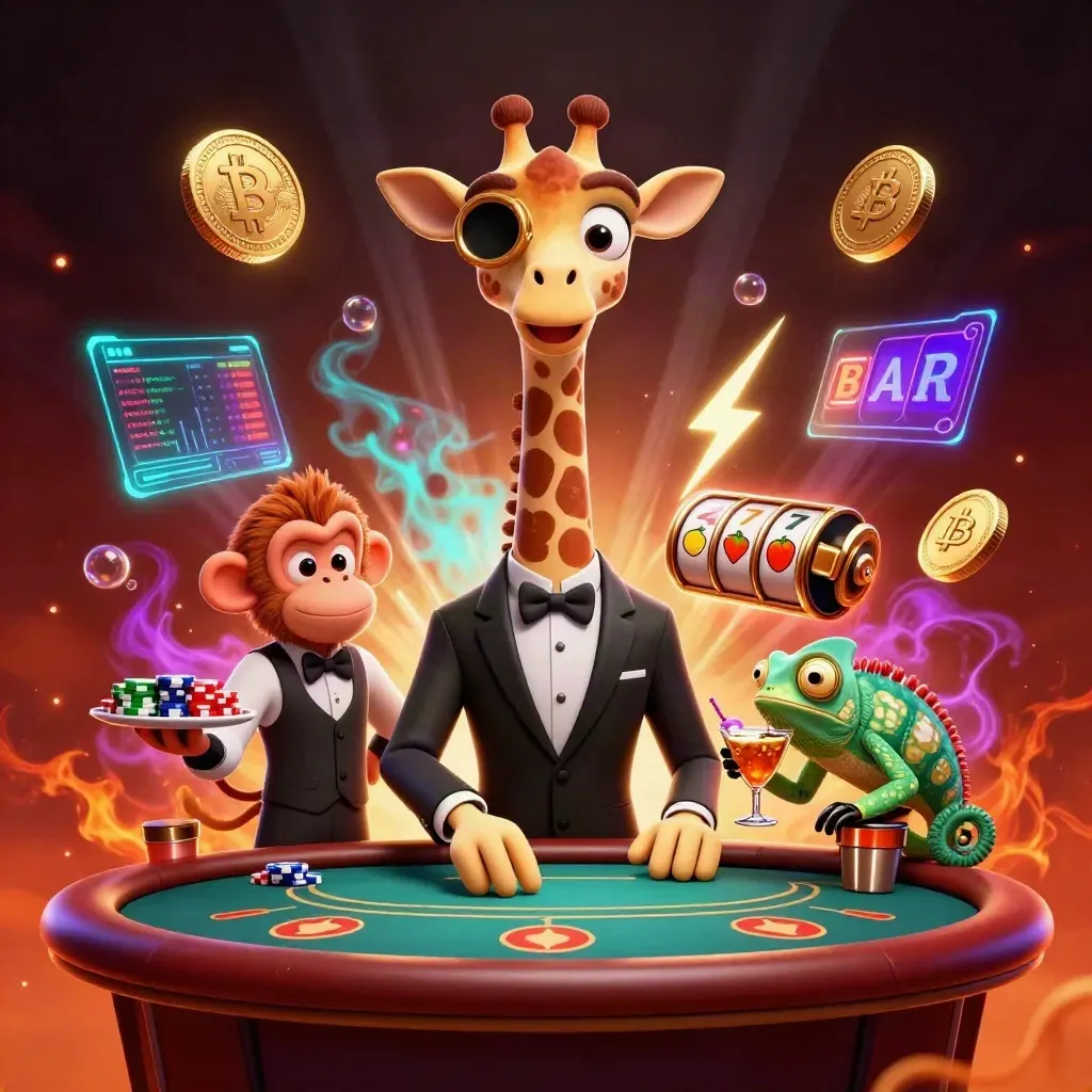 Suit-clad giraffe, monkey valet and chameleon bartender amid chips, coins and neon casino firelight.