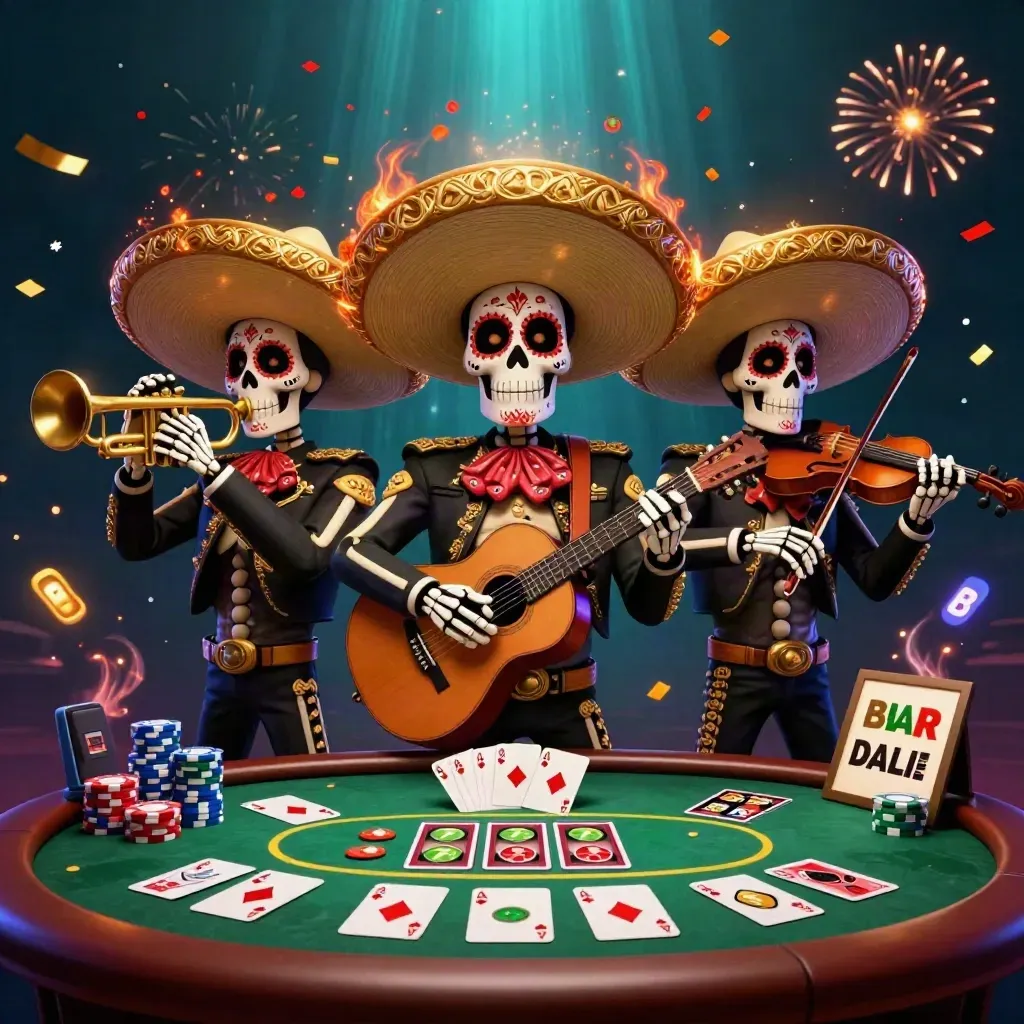 Skeleton mariachi trio with casino props, chips, cards, and fiery confetti in neon underwater light