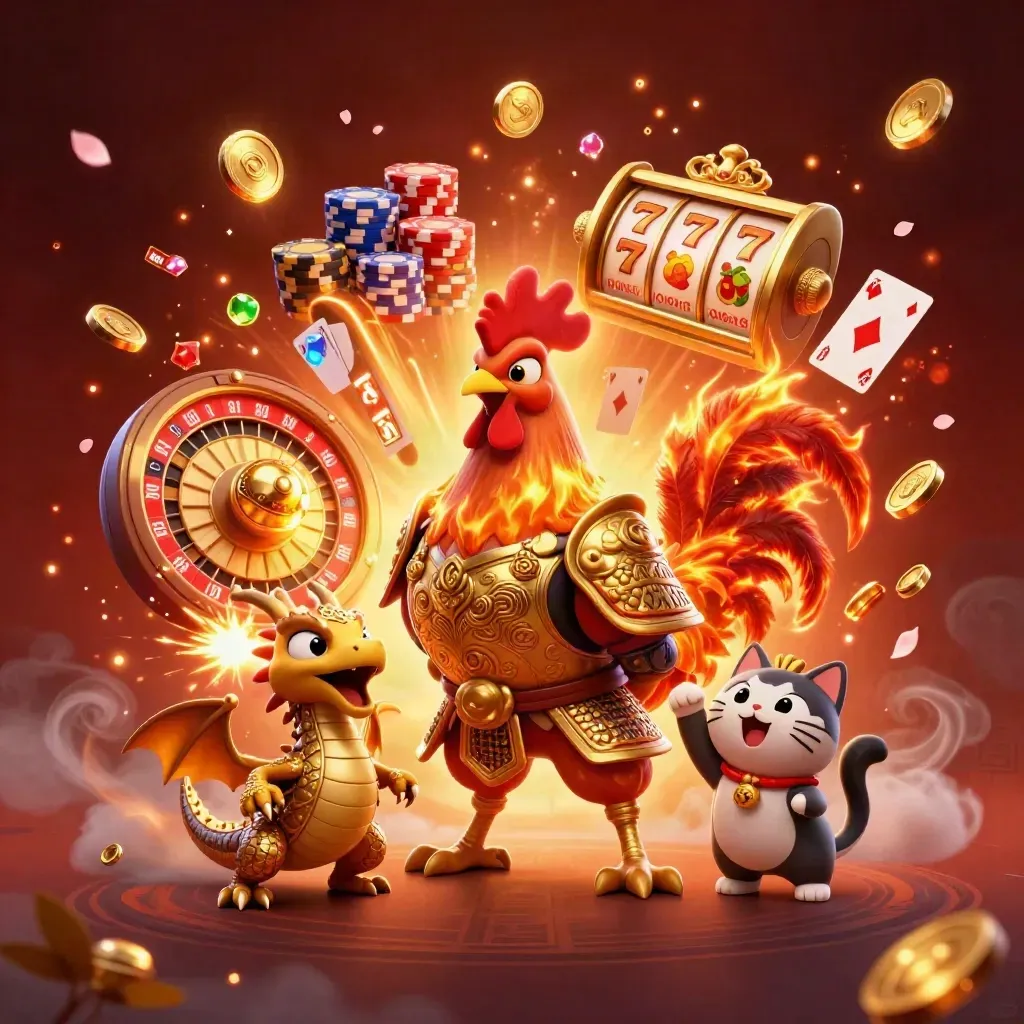 Rooster samurai, dragon hatchling and fortune cat amid casino gold, chips and fiery effects
