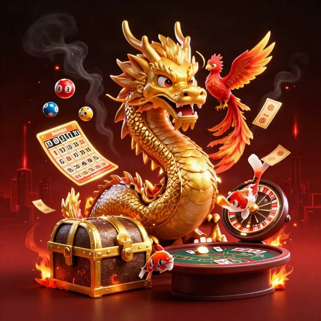 Golden dragon, phoenix, koi, and casino rewards in a fiery premium square key art scene.