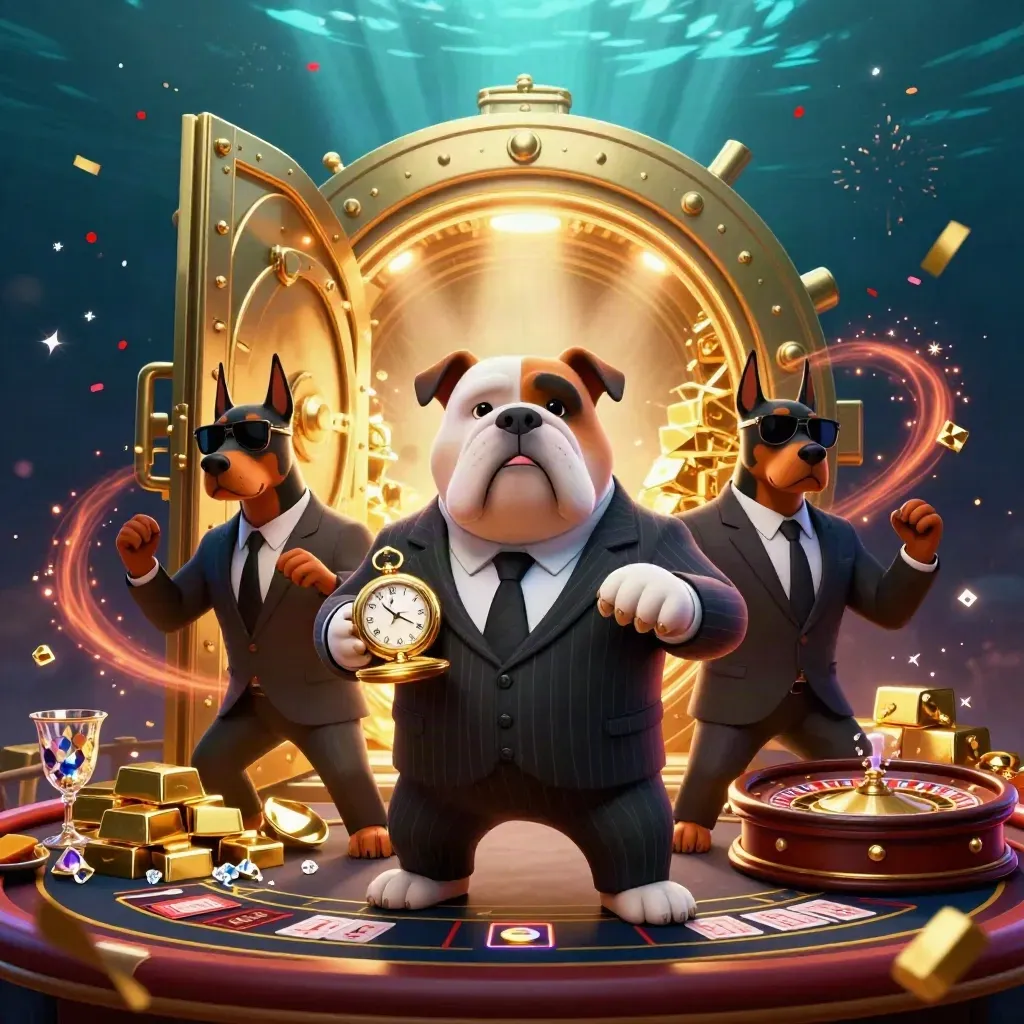 Bulldog boss and two Dobermans amid vault gold, cards, sparks, and casino glow.