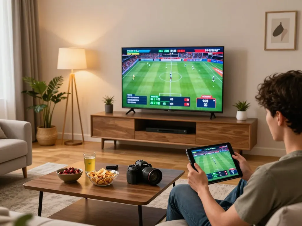 Socolive user engaging in online sports betting with live event screens and a cozy atmosphere.