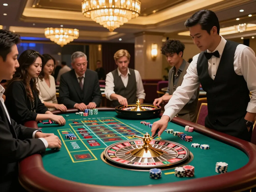 Experience exhilarating roulette action at CM88 casino with players eagerly betting and watching the spinning wheel.