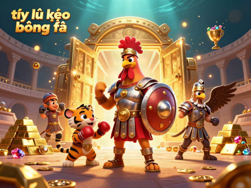 Engage with the thrilling world of tỷ lệ kèo bóng đá featuring a gladiator rooster and treasure in a dynamic scene.