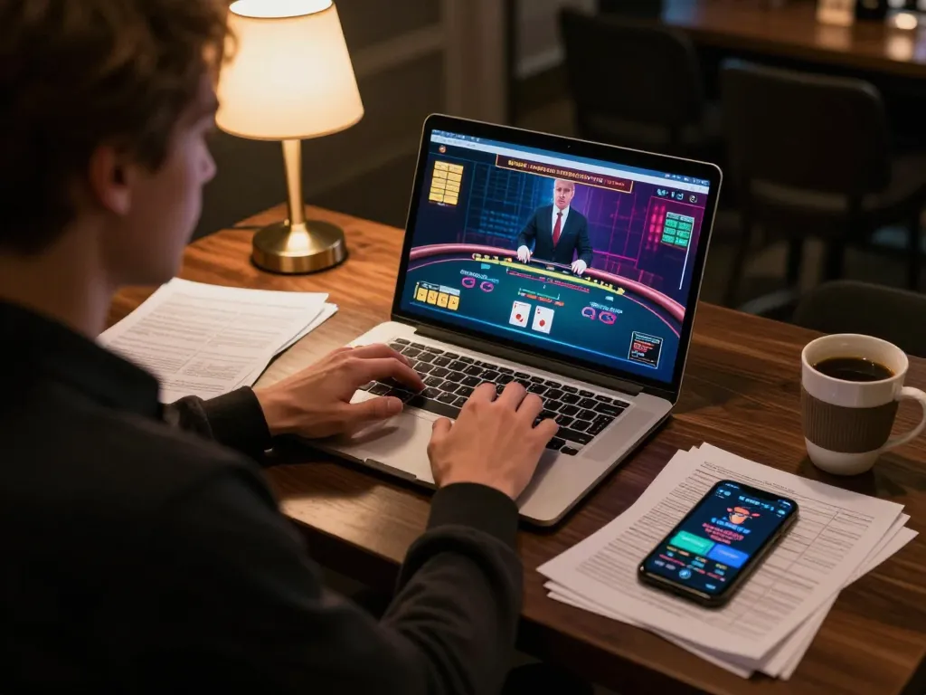 hwg500 alternatif terlibat dalam permainan Blackjack dealer langsung di laptop, menunjukkan kegembiraan kasino online.