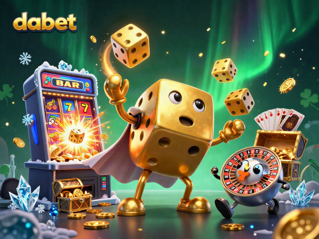 Dabet entertains players while juggling golden dice and festive casino symbols.